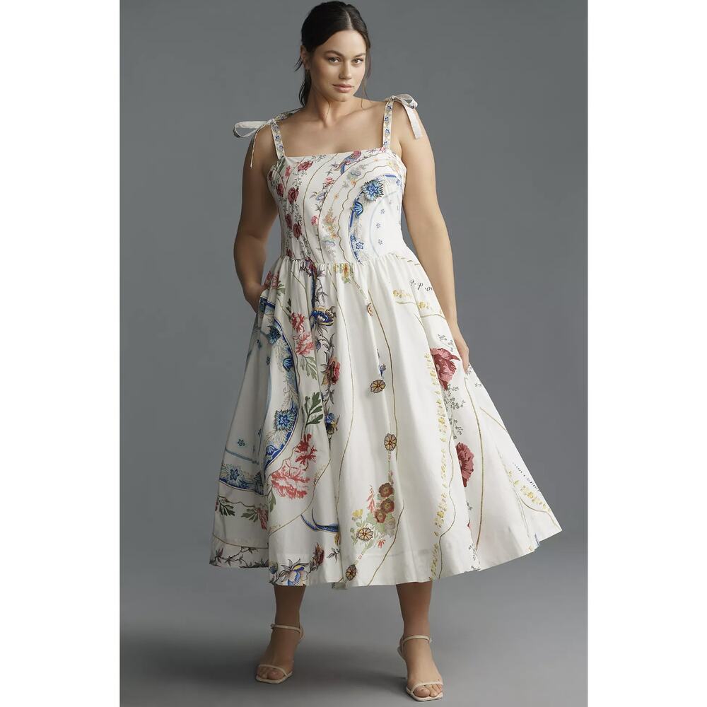 Anthropologie White Midi Dress with Blue, Red, Green Floral Print